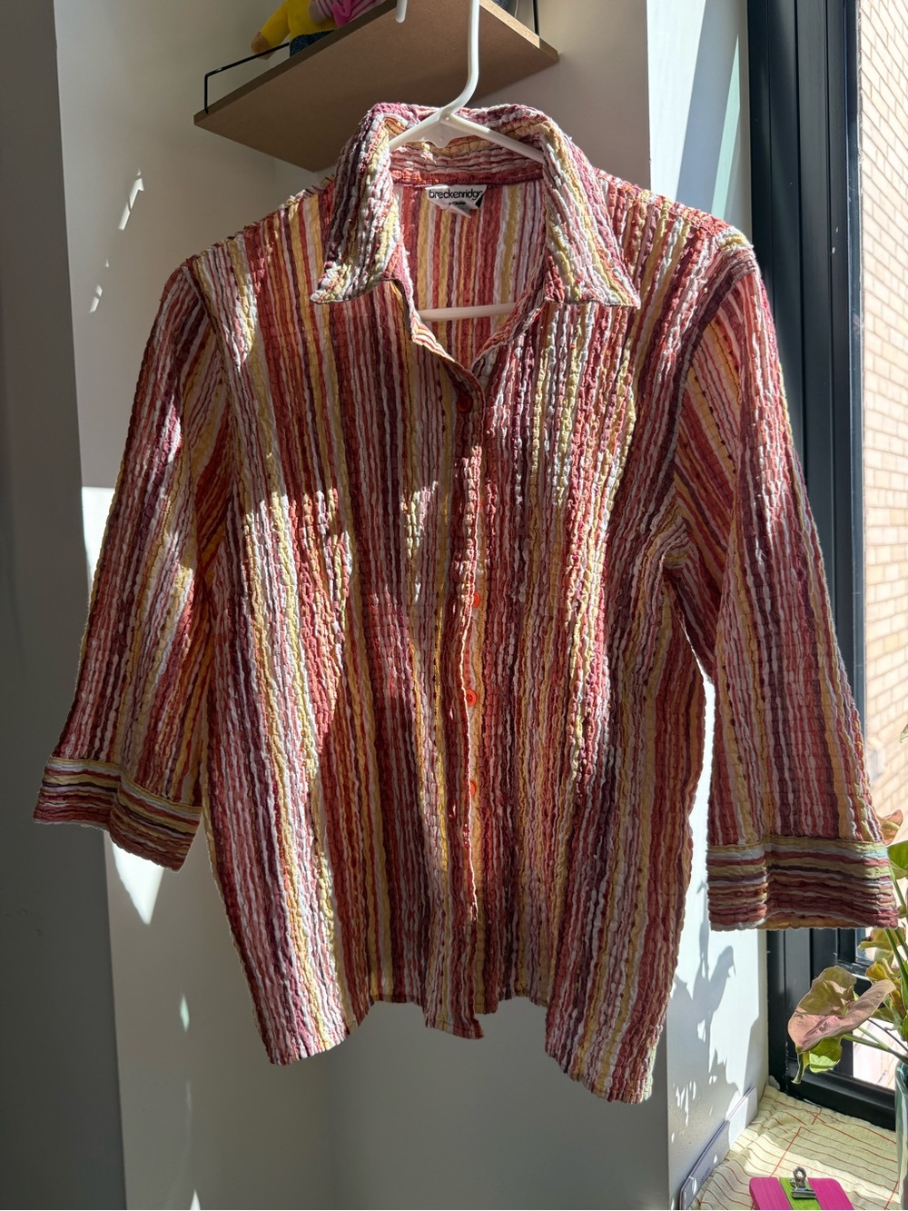 breckenridge Pink, Yellow & Cream Striped Textured Button-Down Shirt